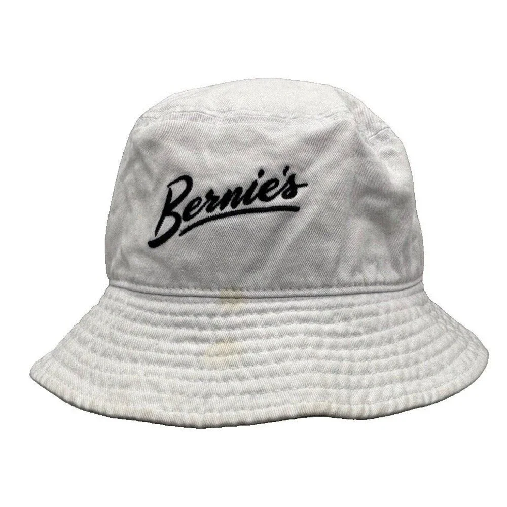 Bernies White Bucket Hat Newhattan Embroidered Script Logo Cotton Sun Cap SM